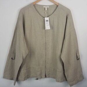 NWT EILEEN FISHER organic linen zip-front lagenlook jacket drawstring hem, sz XL